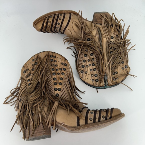 Corral Boots Womens Size 10 Tan Fringe Studded Western Cowgirl Zip Boho Ankle - Picture 9 of 16